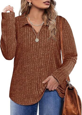 RITERA Plus Size Sweaters for Women Knitted Long Sleeve Tops Fall Winter V Neck Collared Shirts XL-5XL in Kuwait