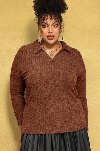 RITERA Plus Size Sweaters for Women Knitted Long Sleeve Tops Fall Winter V Neck Collared Shirts XL-5XL in Kuwait