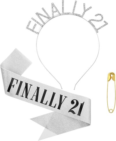 21st Birthday Sash and Rhinestone Headband Set Silver Birthday Sash for Women Finally 21st Birthday Gifts Happy 21st Birthday Decorations for Her Birthday Party Favor Supplies (Silver) in Saudi Arabia