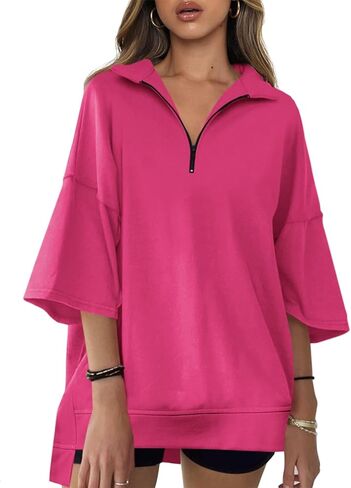 Fisoew Womens Oversized Sweatshirt Casual Zip Up V Neck 3/4 Sleeve High Low Pullover Tunic Tops in Kuwait
