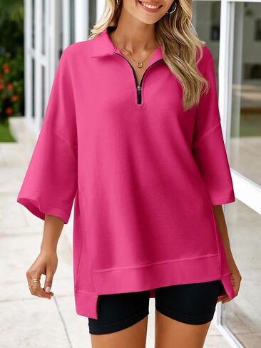 Fisoew Womens Oversized Sweatshirt Casual Zip Up V Neck 3/4 Sleeve High Low Pullover Tunic Tops in Kuwait