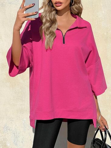 Fisoew Womens Oversized Sweatshirt Casual Zip Up V Neck 3/4 Sleeve High Low Pullover Tunic Tops in Kuwait