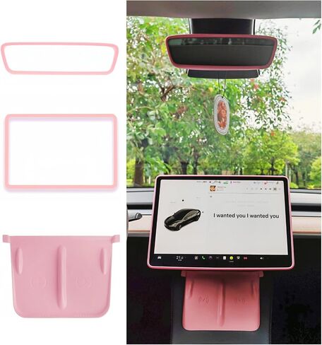 Tesla Model 3 Model Y Accessories of Screen Protector Frame + Center Console Wireless Charging Silicone Pad + Interior Rear View Mirror Cover 3pcs 3in1 (Pink) in Saudi Arabia