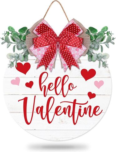 Whaline Valentine's Day Wooden Hanging Sign Rustic Hello Valentine Door Hanger with Bow Sweet Wood Wreath Sign for Farmhouse Wedding Anniversary Home Indoor Outdoor Wall Window Decoration in Saudi Arabia