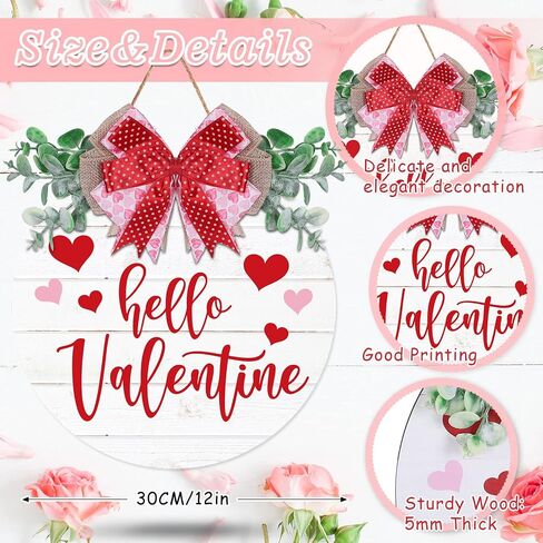 Whaline Valentine's Day Wooden Hanging Sign Rustic Hello Valentine Door Hanger with Bow Sweet Wood Wreath Sign for Farmhouse Wedding Anniversary Home Indoor Outdoor Wall Window Decoration in Saudi Arabia