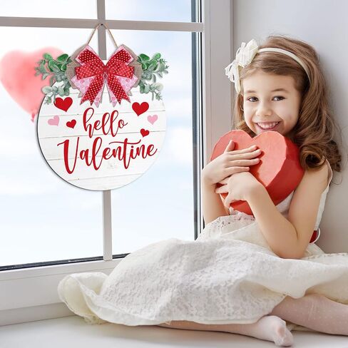Whaline Valentine's Day Wooden Hanging Sign Rustic Hello Valentine Door Hanger with Bow Sweet Wood Wreath Sign for Farmhouse Wedding Anniversary Home Indoor Outdoor Wall Window Decoration in Saudi Arabia