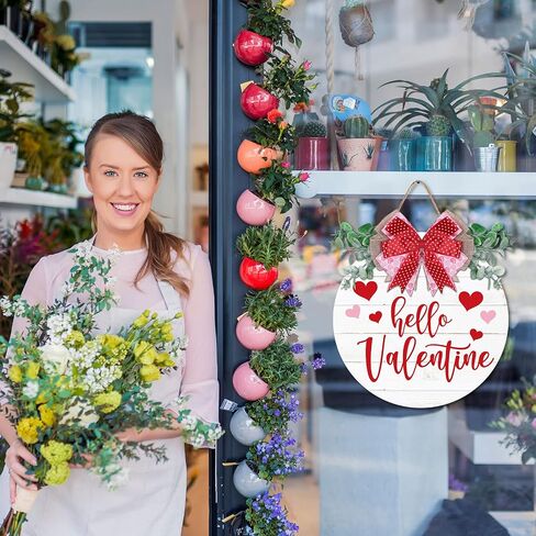 Whaline Valentine's Day Wooden Hanging Sign Rustic Hello Valentine Door Hanger with Bow Sweet Wood Wreath Sign for Farmhouse Wedding Anniversary Home Indoor Outdoor Wall Window Decoration in Saudi Arabia