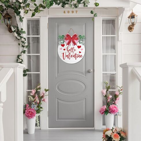 Whaline Valentine's Day Wooden Hanging Sign Rustic Hello Valentine Door Hanger with Bow Sweet Wood Wreath Sign for Farmhouse Wedding Anniversary Home Indoor Outdoor Wall Window Decoration in Saudi Arabia
