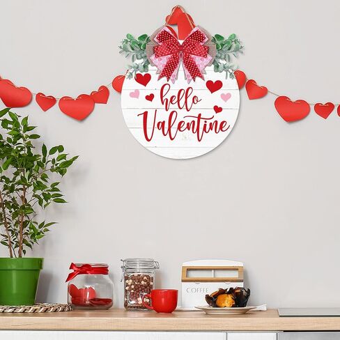 Whaline Valentine's Day Wooden Hanging Sign Rustic Hello Valentine Door Hanger with Bow Sweet Wood Wreath Sign for Farmhouse Wedding Anniversary Home Indoor Outdoor Wall Window Decoration in Saudi Arabia