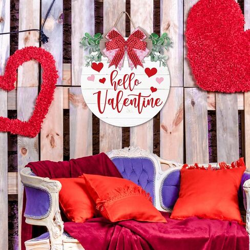 Whaline Valentine's Day Wooden Hanging Sign Rustic Hello Valentine Door Hanger with Bow Sweet Wood Wreath Sign for Farmhouse Wedding Anniversary Home Indoor Outdoor Wall Window Decoration in Saudi Arabia