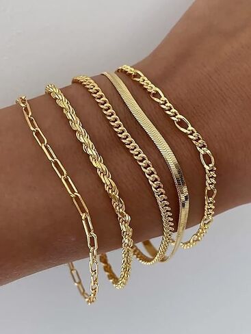 Gold Bracelets for Women, 14K Real Gold Jewelry Sets for Women Cute Tennis Beaded Bracelets for Women Cuban Link Paperclip Chain Dainty Bracelet Pack Gifts for Women in Saudi Arabia
