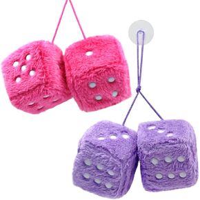 Fuzzy Plush Dice Car Rear View Mirror Accessories, AFUNTA 2 Pairs of Retro Square Car Mirror Decor Hanging Car Charms for Couples Gift Ideas, Home Decor