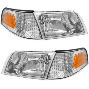 Headlight Assembly Compatible with Ford Crown Victoria 1998 1999 2000 2001 2002 2003 2004 2005 2006 2007 2008 2009 2010 2011 Replacement Headlamp Pair w/Chrome Housing Amber Reflector