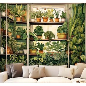QGHOT Plant Tapestry, Green Botanical Tapestry Wall Hanging, Vintage Plants Wood Shelf Tapestries for Bedroom Window Classroom Living Room Cottagecore Potted Plant Photo Backdrop (A,80x60 in)