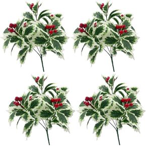 IUIBMI 4Pcs Christmas Artificial Holly Berry Stems Fake Holly Berries with Green Leaves Red Berry Picks Holly Berries Branches for Christmas Tree Holiday Winter Decor (B)