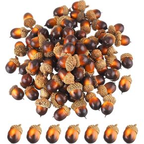 Bememo 100 Pack Lifelike Fall Acorns Thanksgiving Decor Artificial Fall Vase Filler Fake Mini Nutty Craft with Natural Acorn Hats Fruit Props Simulation Autumn Kitchen House Wedding DIY Craft(Brown)