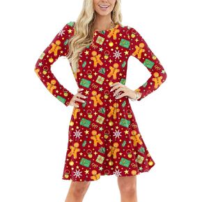 Ladies Christmas Dress Women's Xmas Gingerbread Gift Outfits Casual A-Line Holiday Dresses 2XL