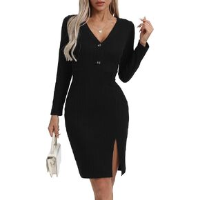 Winter Long Sleeve Sweater Dress for Women Sexy V-Neck Button Bodycon Sweater Dress Knit Pullover Casual Dresses