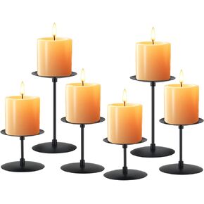 Set of 6 Candle Holders, Metal Pillar Candle Stand for Tabletop Wedding Party Event Birthday Anniversary (Black)