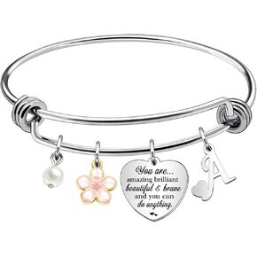 Inspirtional Bracelet Gift,Funny 26 Letter Initial A-Z Silver Heart Dangle Bangle For Women Lady Daughter Mom Sisters Friends Colleague Birthday Christmas Reminder Jewelry