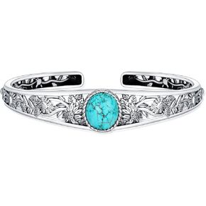 Genuine Turquoise Vintage Sunflower Bracelet Bangle, Sterling Silver Boho Adjustable Bangle Cuff Native American Jewelry for Women, Fit for 6.5 7 7.5 Inches