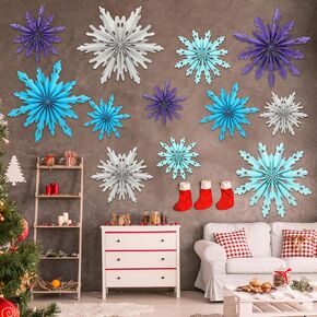 12 Pcs Snowflakes Hanging Decorations Winter Paper Fans Christmas Snowflakes Ceiling Hangings Decor Winter Holiday Hanging Fans for Winter Wonderland Birthday Holiday Party Decoration(Blue)