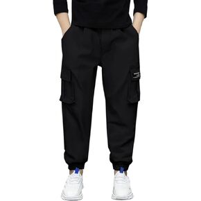 SANGTREE Mens Solid Color Elastic Waist Active Cargo Jogger Pants with Pockets for Mens, Black,L