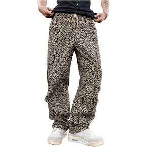 GORGLITTER Men's Leopard Print Cargo Pants Baggy Drawstring Waist Flap Pocket Straight Leg Pants