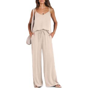 Caracilia Womens 2 Piece Outfits Lounge Sets Summer Casual V Neck Tank Wide Leg Pants Matching 2025 Beach Travel Set