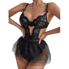 Dlsave Sexy Lingerie for Women,Lace Floral Lingerie Body suit with Removeable Mesh Skirt Push up Teddy Bridal Lingerie