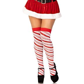 Leg Avenue Candy cane lurex striped over the knee socks, White/Red, One Size