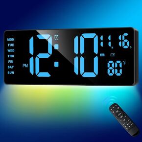 XREXS 16.5" Large Digital Wall Clock with Remote Control, Bluetooth Sync Time, 6 Color Night Lights, Adjustable Dimmer 10 RGB Color Changing Wall Clock Large Display,Desk Decor Gift for Elderly