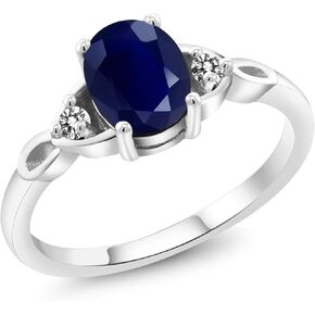 Gem Stone King 925 Sterling Silver Blue Sapphire and White Diamond Ring | 3-Stone Ring For Women | 1.87 Cttw | Gemstone September Birthstone | Oval 8X6MM | Available In Size 5, 6, 7, 8, 9