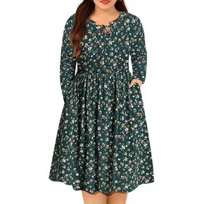 CARCOS Plus Size Dress for Women Tie V Neck Midi Dresses Long Sleeve Boho Dress Elastic High Waist Tunic Dress with Pockets