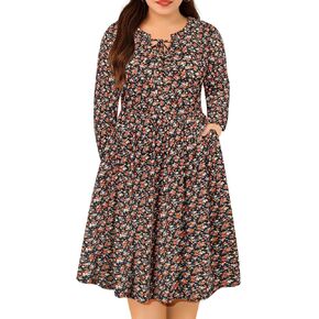 CARCOS Plus Size Dress for Women Tie V Neck Midi Dresses Long Sleeve Boho Dress Elastic High Waist Tunic Dress with Pockets in Kuwait