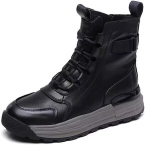 Women's Cowhide Leather Winter Mid Lace-Up Boot Waterproof Platform Anti-Slip Combat Boot Warm Fur Lined Boot Snow Ankle Booties with Padded Collar