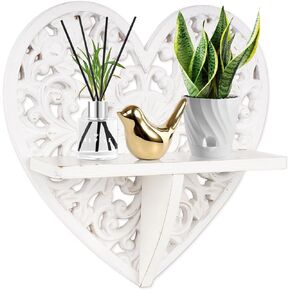 Multipurpose Floating Wall Mounted Shelf with Key Hooks – Rustic Wooden Wall Décor and Storage Solution –Heart-Shaped 12" Decorative Wall Art for Entryway, Living Room, or Bedroom – Vintage White