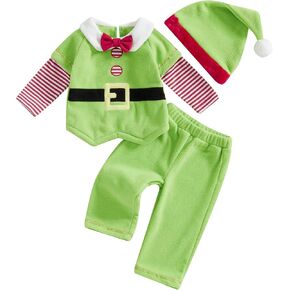 Baby Santa Outfit Cute Long Sleeve Patchwork Shirt Top Stripe Pants Hat Shoe Covers Infant Christmas Costume