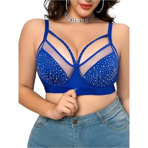 OYOANGLE Women's Plus Size Rhinestone Contrast Mesh Bras Wireless Cut Out Everyday Bralettes