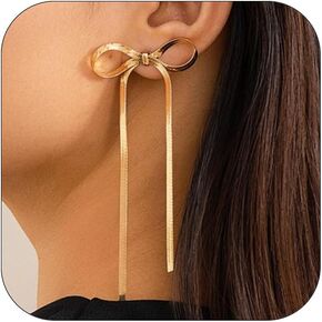 14K Gold Bow Dangle Statement Earrings Dainty Long Silver Bow Knot Ribbon Tassel Stud Earrings Cute Formal Bowknot Fringe Earrings for Women