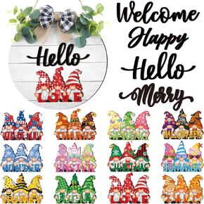 20 Pcs Interchangeable Welcome Sign Valentine's Day Interchangeable Wooden Seasonal Hello Sign Rustic Round Seasonal Wreaths for Valentine's Day Front Door Porch Wall Decor (Gnome Style)