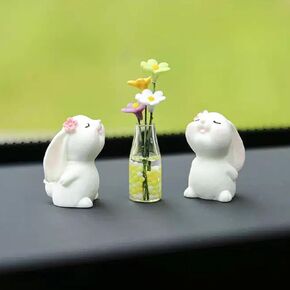 Cute Car Accessories, Mini 2PCS Bunny and 1PC Daisy Flower Vase Car Dashboard Accessories Rearview Mirror Window Ornaments Kawaii Flower Animal Car Decorations Interior for Women Girls Funny Gifts
