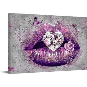 RnnJoile Lip Wall Art Decor Heart Shape Diamond in Mouth Canvas Painting Purple Gallery Wrapped Glam Artwork for Bedroom Living Room Decoration Ready to Hang 24"x36"