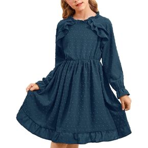 BesserBay Fall Girls Ruffle Trim Long Sleeve Swiss Dot Ruffle Collar Midi Dress 4-14 Years
