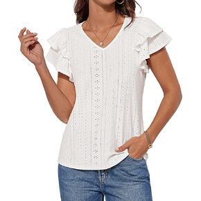 GRACE KARIN Women's 2025 Casual Ruffle Short Sleeve Tops Cute Hollowed Eyelet Summer Shirts