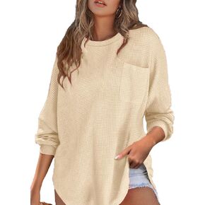 قميص نسائي من Remidoo مصنوع من نسيج وافل وحاشية منحنية وأكمام طويلة مع جيب in Kuwait