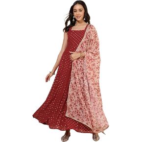 Janasya Indian Women's Red Georgette Foil Printed Anarkali Kurta and Dupatta