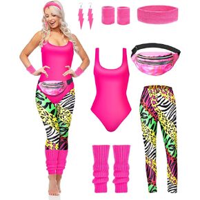 Hercicy 7 Pcs 80s Workout Costume 80s 90s Leotard Legging Headband Wristbands Leg Warmers Earrings Fanny Pack