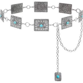 Boho Turquoise Concho Belt Rectangle Western Bling Rhinestone Waist Chain Belt Eye Carving Cowgirl Sparkly Crystal Belt for Women Dress