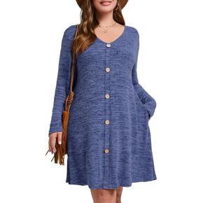 MONNURO Womens Plus Size Dresses Casual Swing Tunic Dress V Neck Button Lightweight Sweaters Dress Pockets